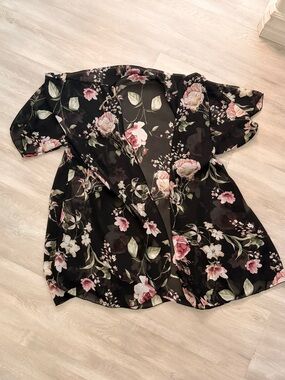 Windsor Black Floral Sheer Kimono with Pink and Cream Blooms
